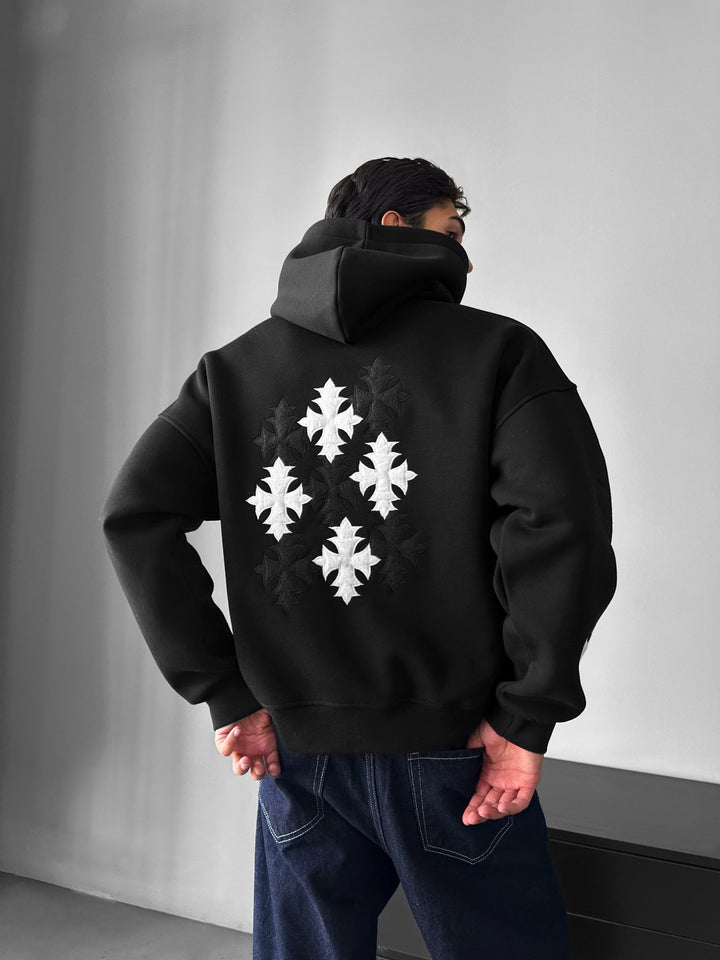 Oversize Gothic Cross Hoodie - Czarny