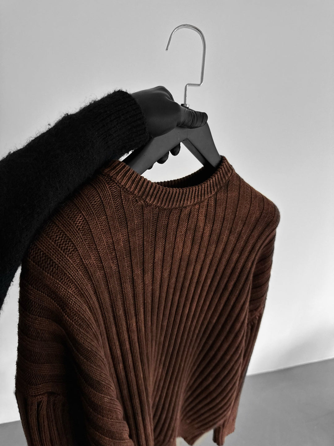 Oversize Ribbed Washed Sweater - Brązowy