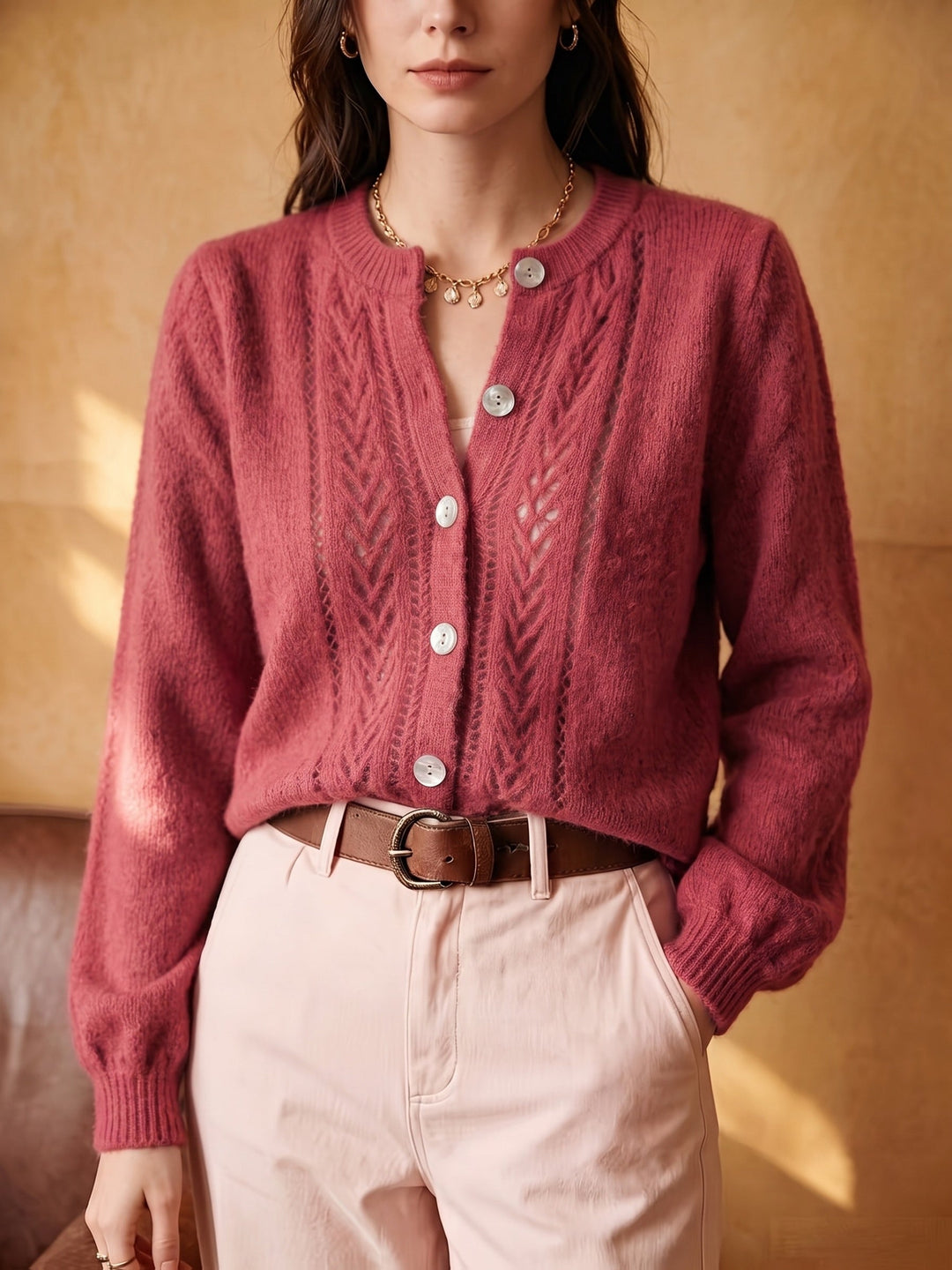 Miękko fakturowany Round-Neck kardigan