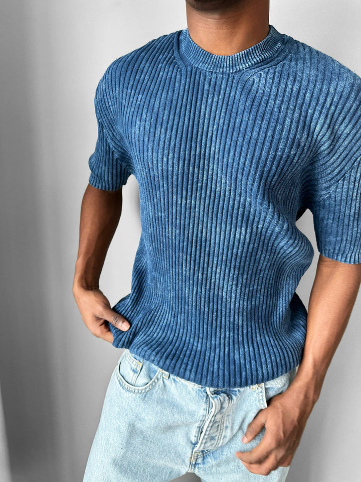 T-shirt Slim Fit z Pranymi Cienkimi Liniami - Niebieski