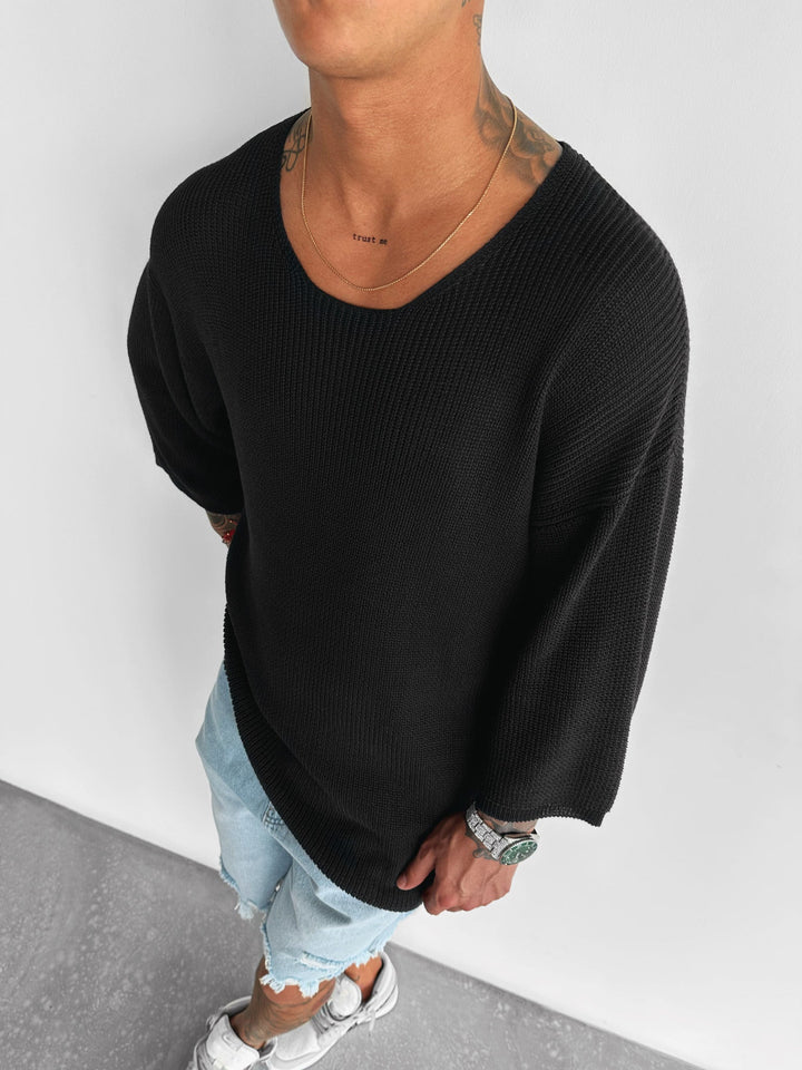 Oversize Długi T-Shirt Dzianinowy - Czarny