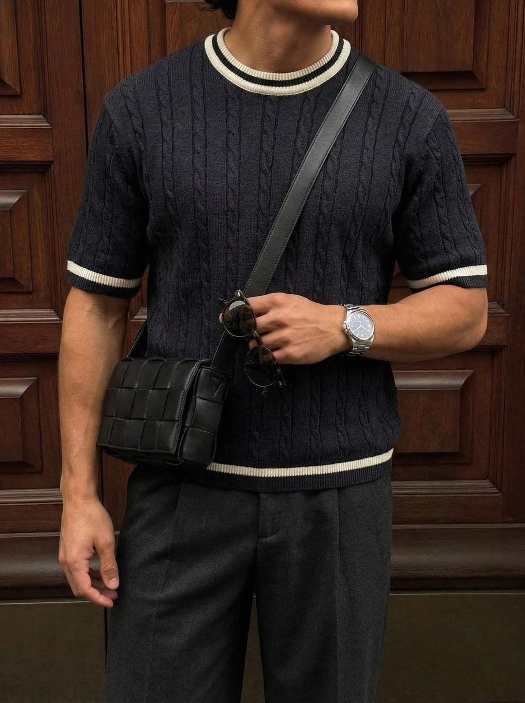 T-shirt Regular Fit Braid Knit - Antracytowy
