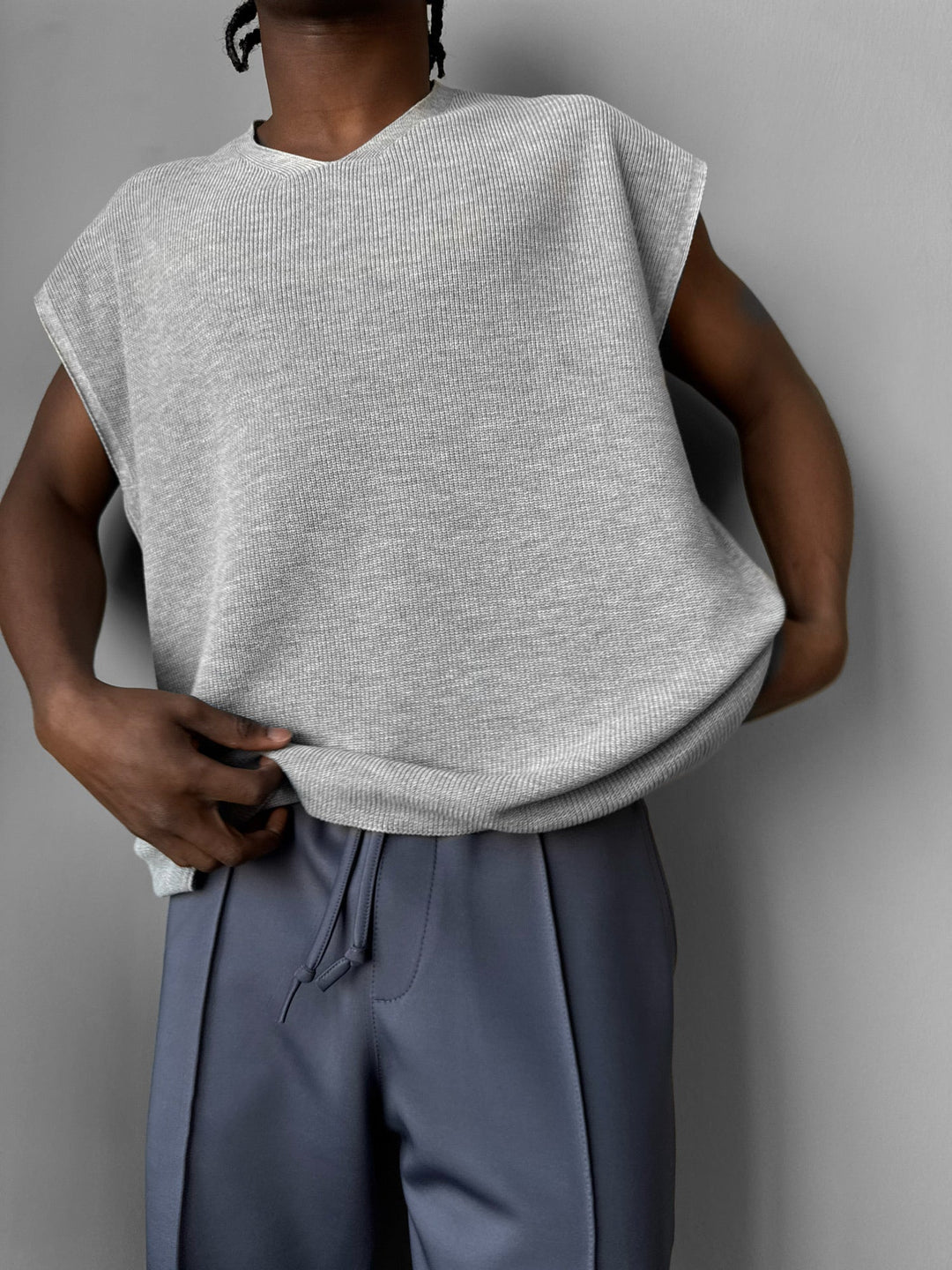 Oversize Rolowany Brzeg Dzianinowy Top - Szary