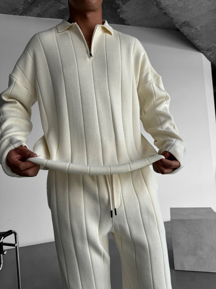 Oversize Lines Knit Zipper Polo Sweatshirt - Kremowy