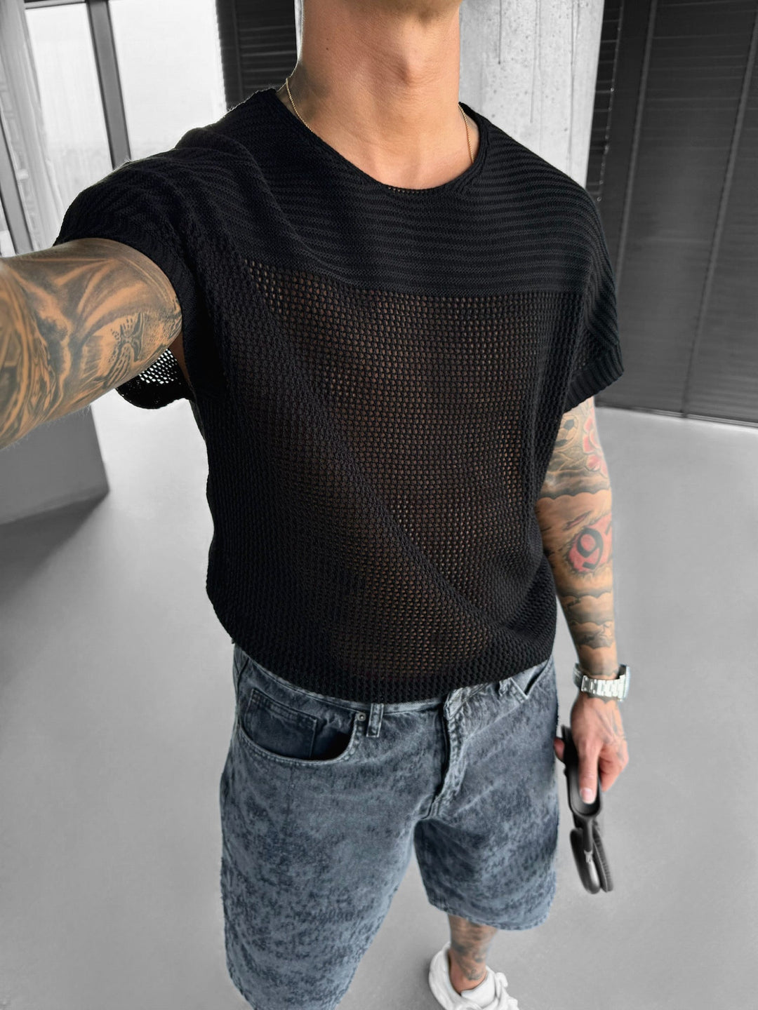 Oversize Teksturowana Koszulka T-shirt - Czarna