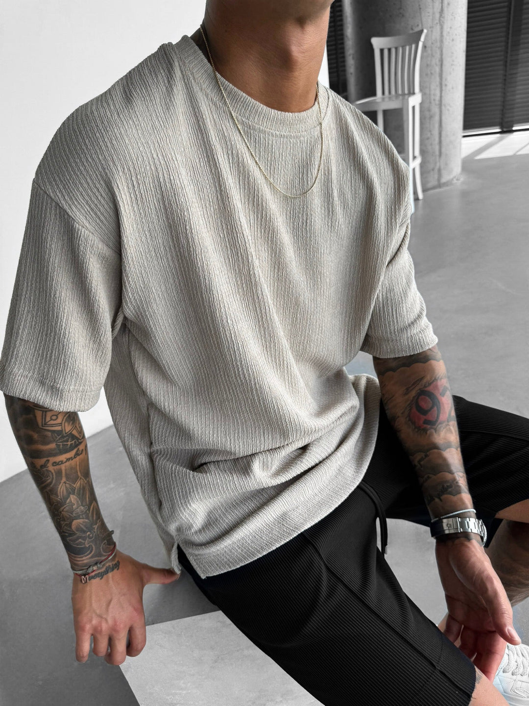 Oversize Crepe T-Shirty - Kamień