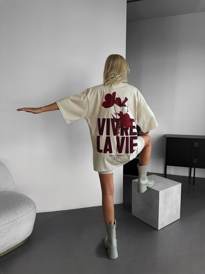 Oversize T-shirt Vivre la Vie - Beżowy