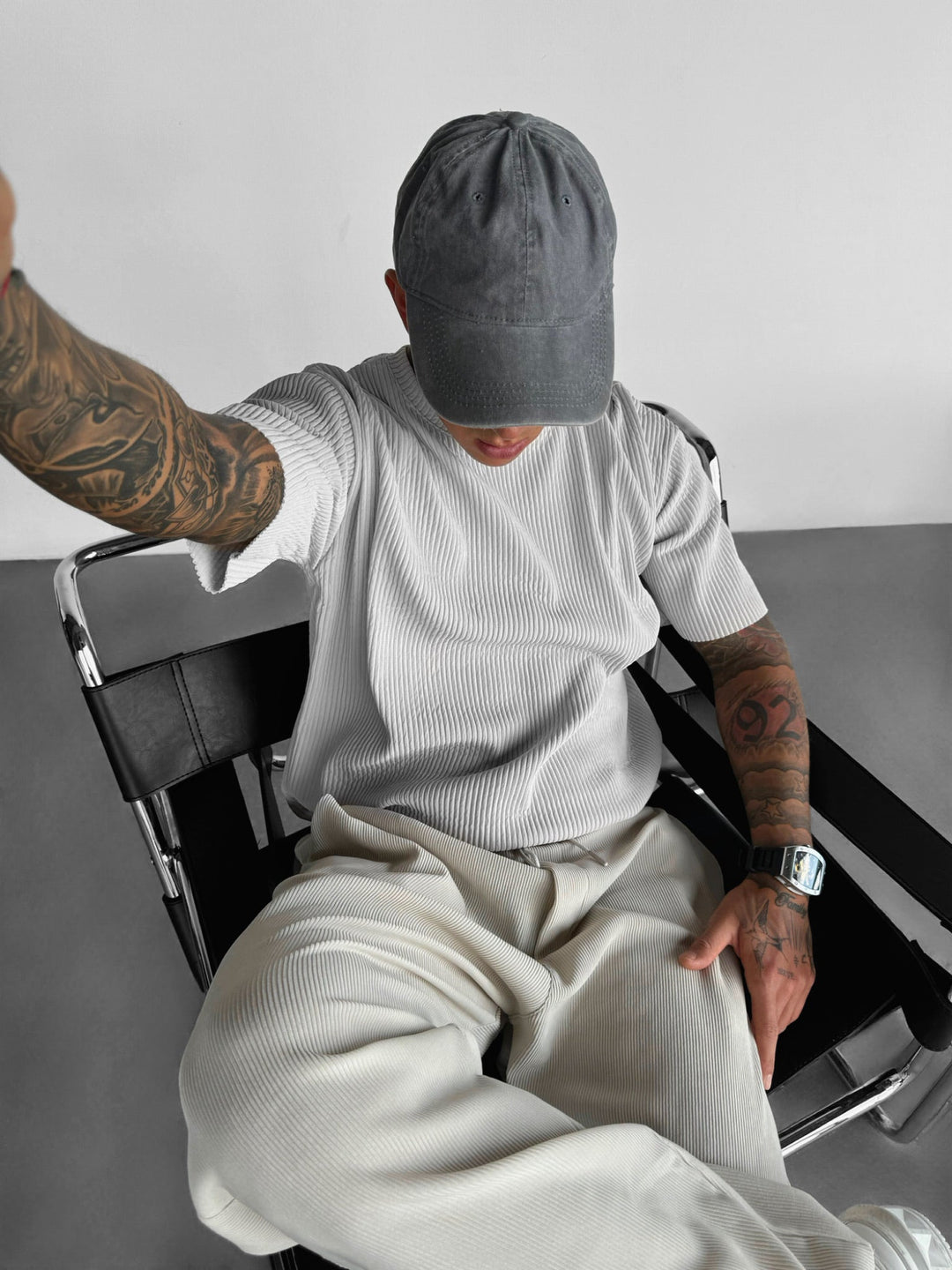 Oversize Ribbed T-Shirt - Szary