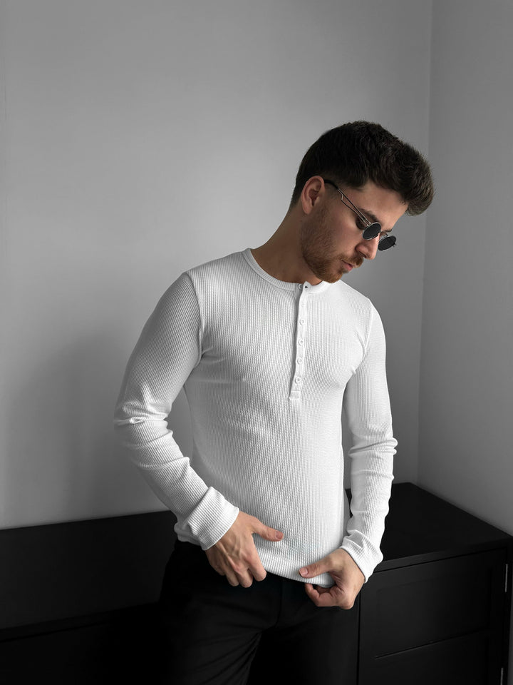 Slim Fit Long Arm Button T-shirt - Ecru