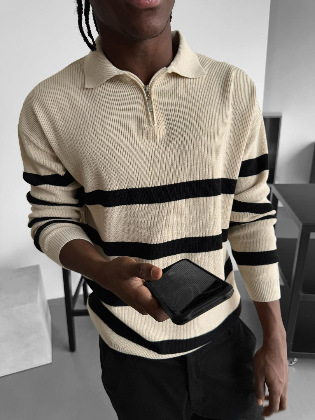Oversize Sweter Polo z Dzianiny - Beżowy
