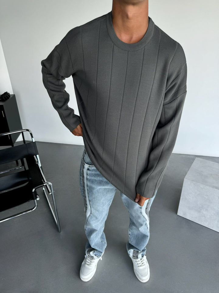 Oversize Lines Knit Sweatshirt - Antracyt