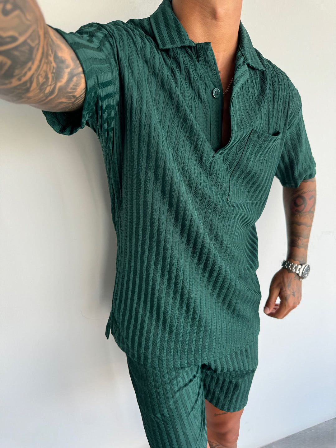 Oversize Strukturalna Koszulka Polo - Las Deszczowy