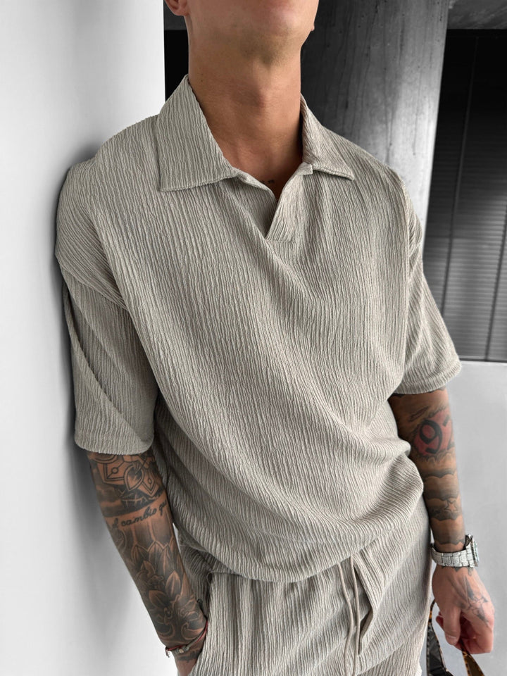 Oversize Crepe Polo T-Shirt - Kamień