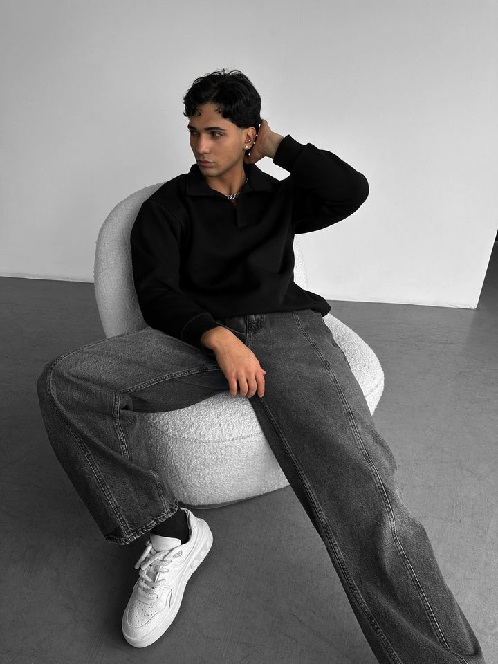 Oversize Basic Polo Sweatshirt - Czarny