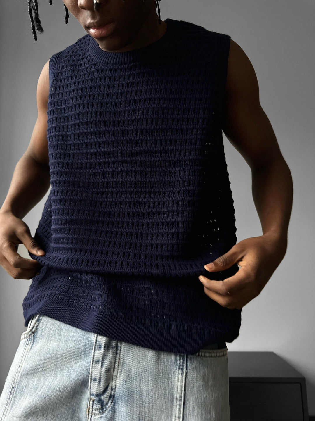 Oversize Grid Tanktop - Ciemnoniebieski