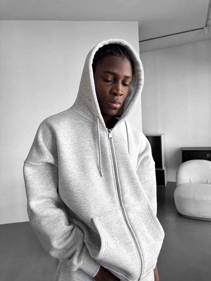 Oversize Basic Zipper Hoodie - Jasnoszary Melanż