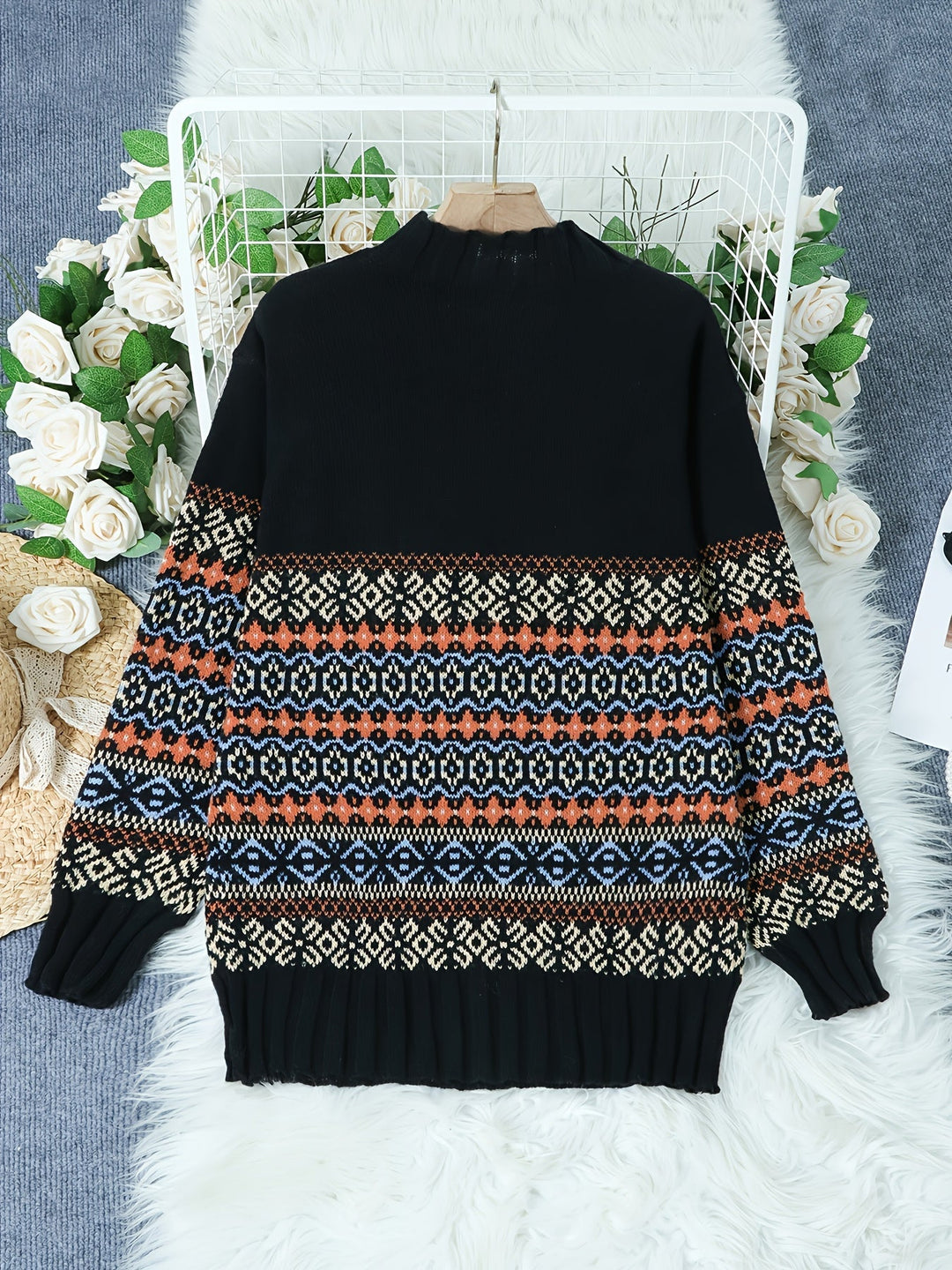 Vintage Jacquard luźny-krój sweter