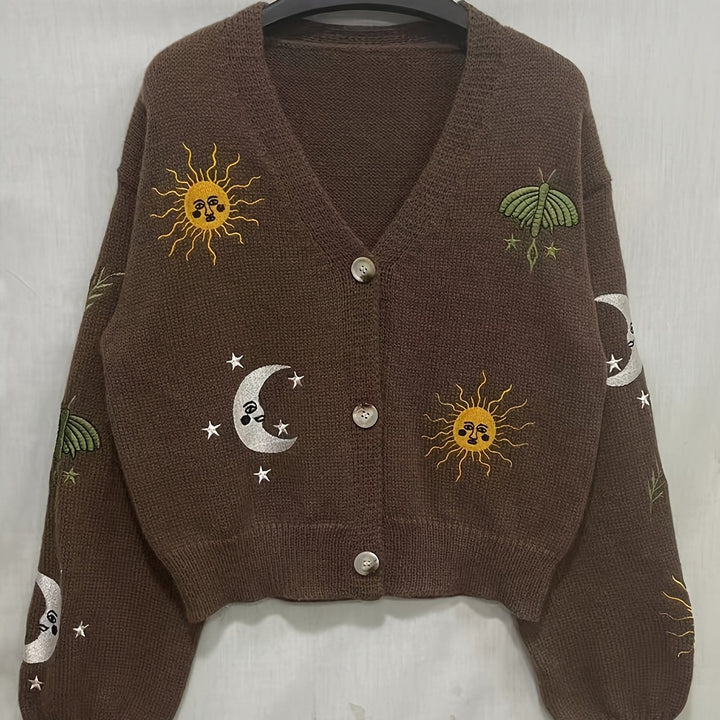 Celestial haftowany Lantern-Sleeve kardigan