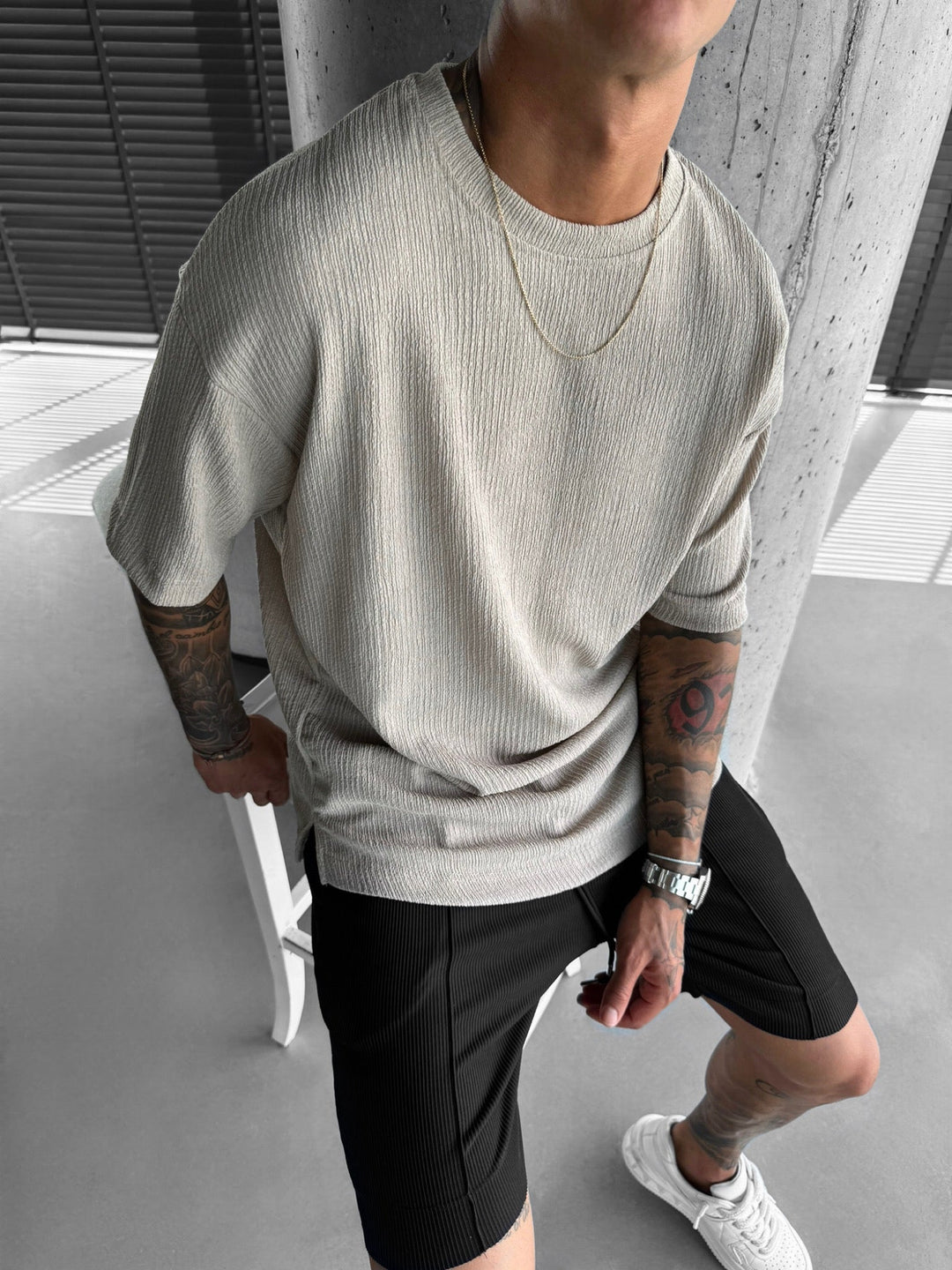 Oversize Crepe T-Shirty - Kamień