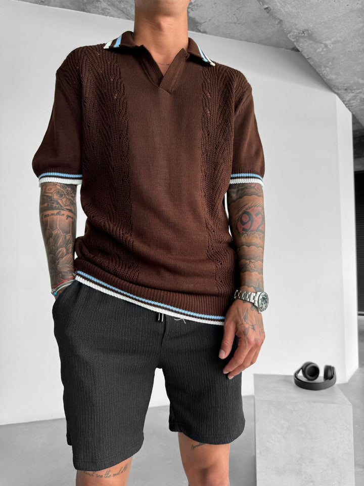 Slim Fit Detail Knit Polo T-Shirt - Brązowy