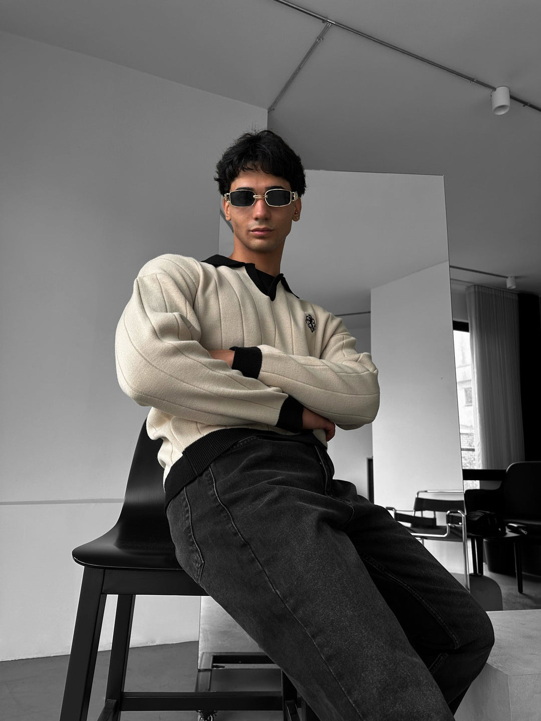 Oversized Haftowany Sweter Polo - Kamień