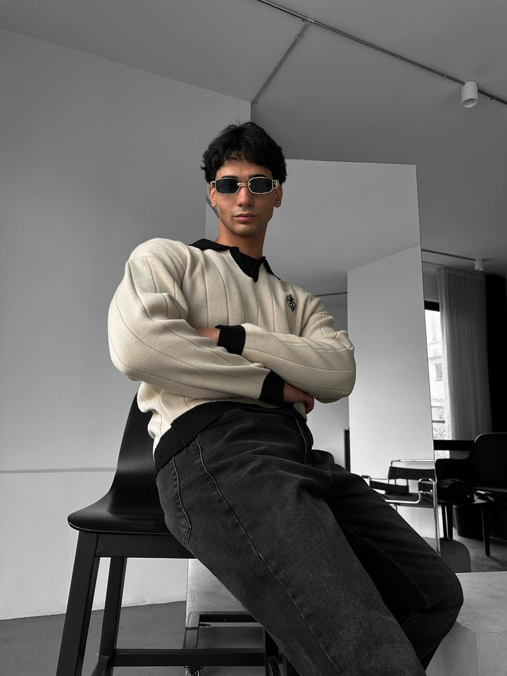 Oversized Haftowany Sweter Polo - Kamień