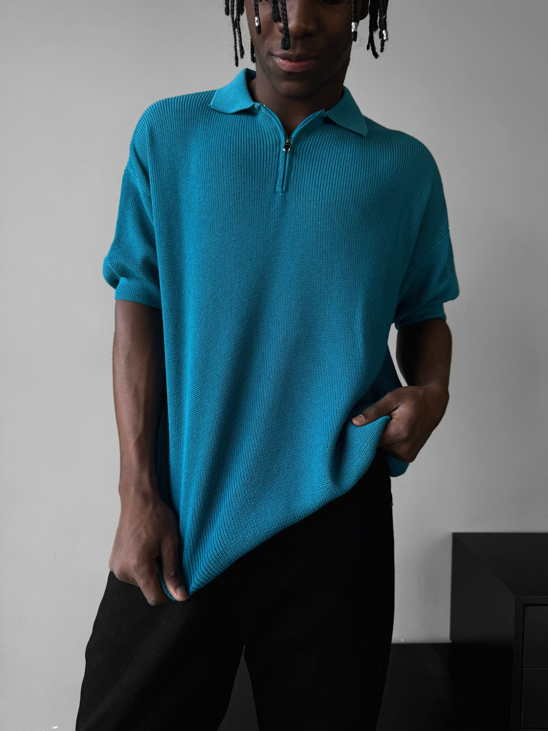 Oversize Zipper Knit Polo T-shirt - Niebieski
