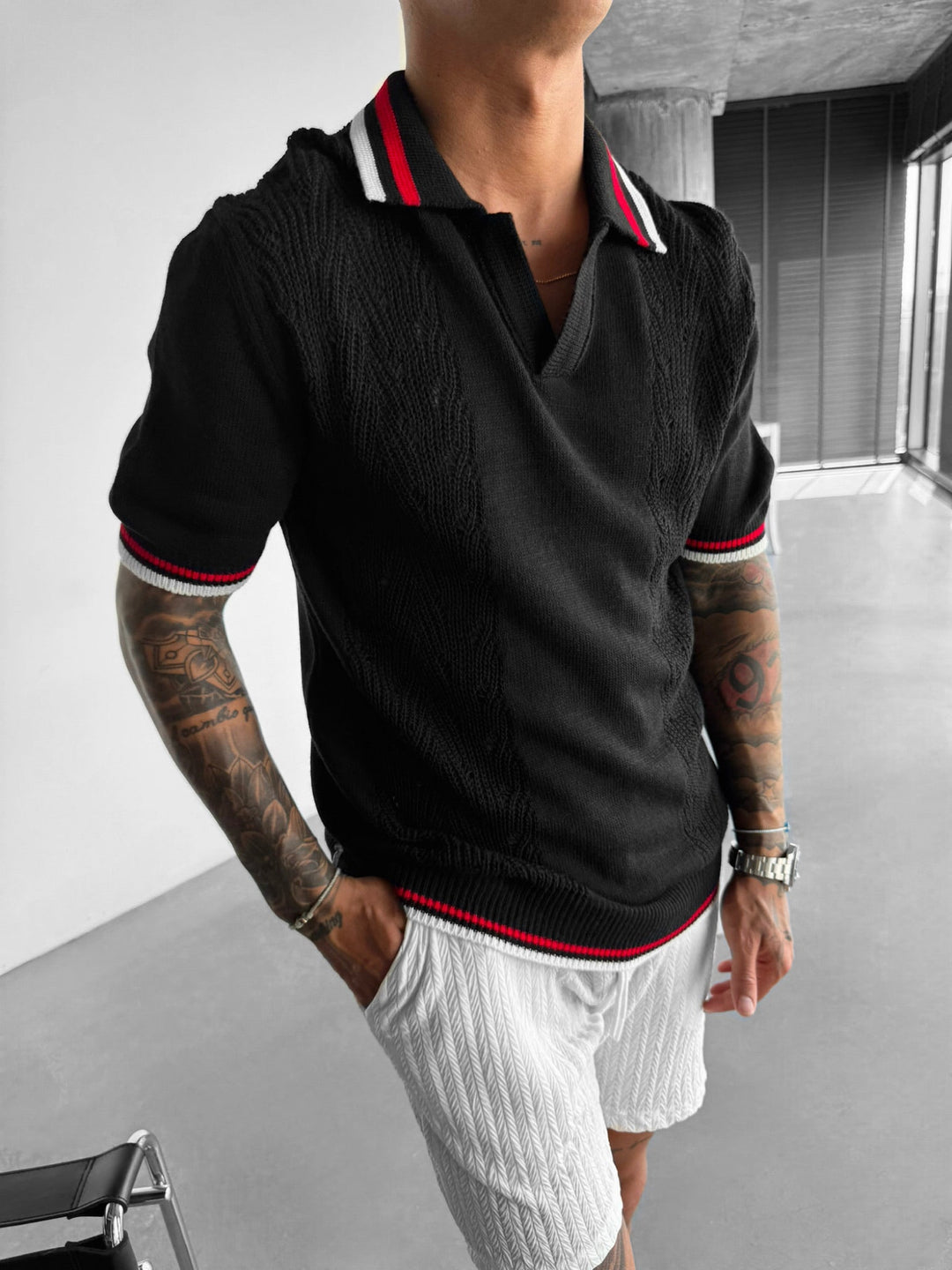 Slim Fit Detail Knit Polo T-Shirt - Czarny