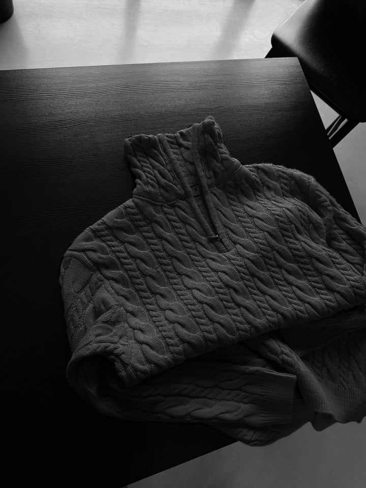 Oversize Kołnierz Pleciony Zamek Sweter - Antracyt