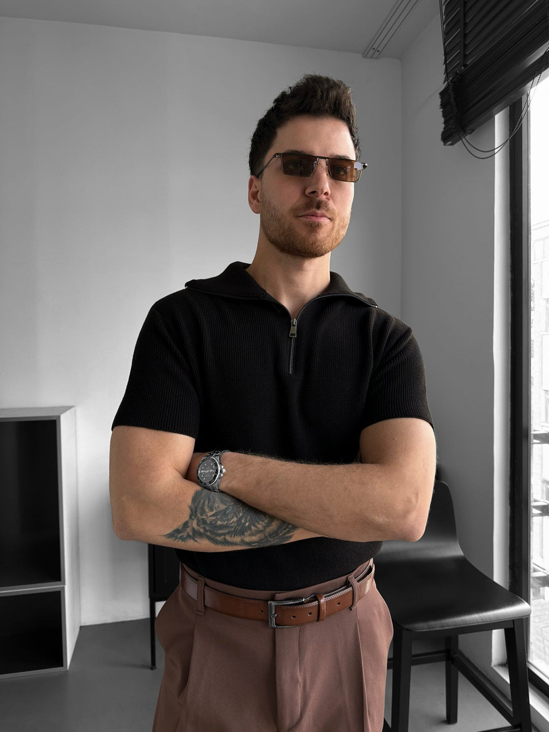 Oversize Zip Neck Knit T-shirt - Ciemnobrązowy