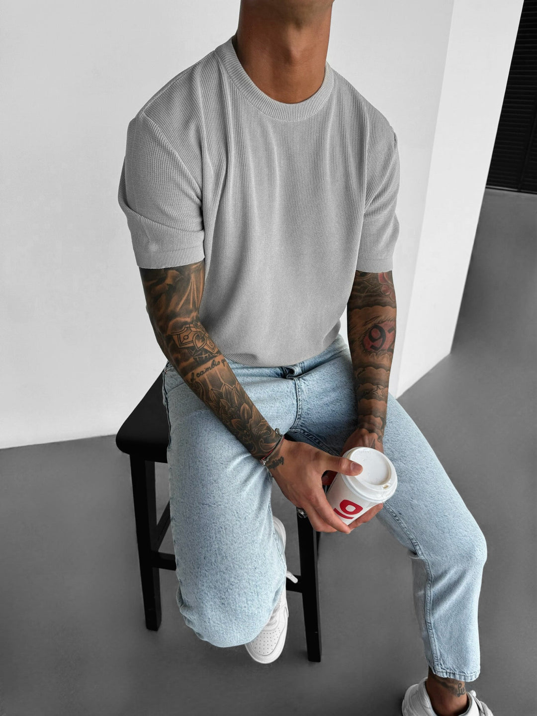 Oversize T-shirt dzianinowy - Szary