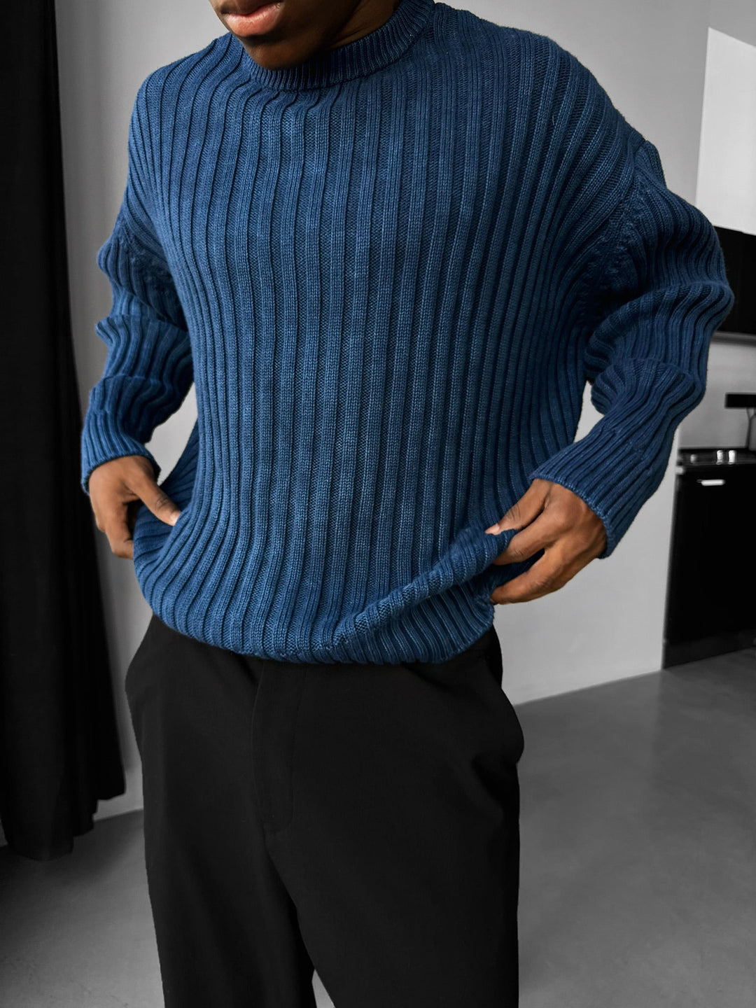Oversize Ribbed Washed Sweater - Niebieski