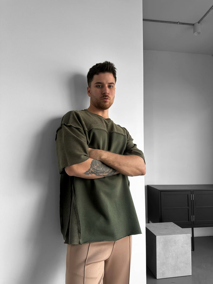 T-shirt Oversize z Detalem Szwu - Khaki