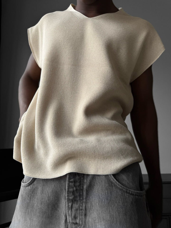 Oversize Rolowany Brzeg Tanktop - Beżowy