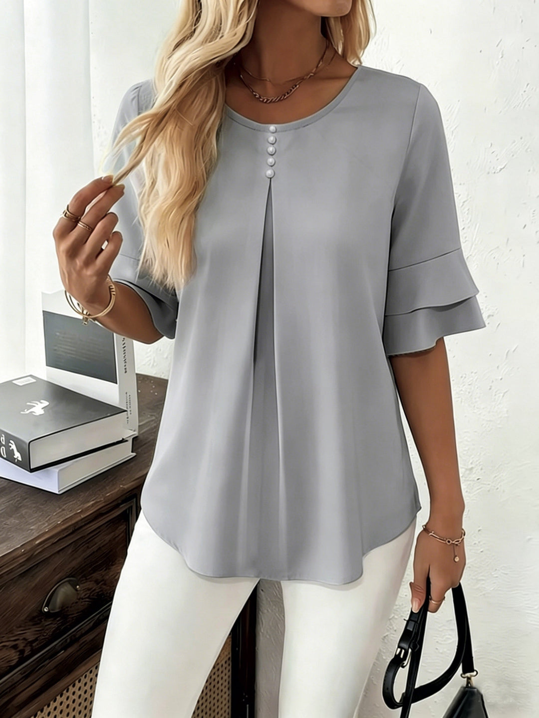 Flared-Sleeve plisowany bluzka