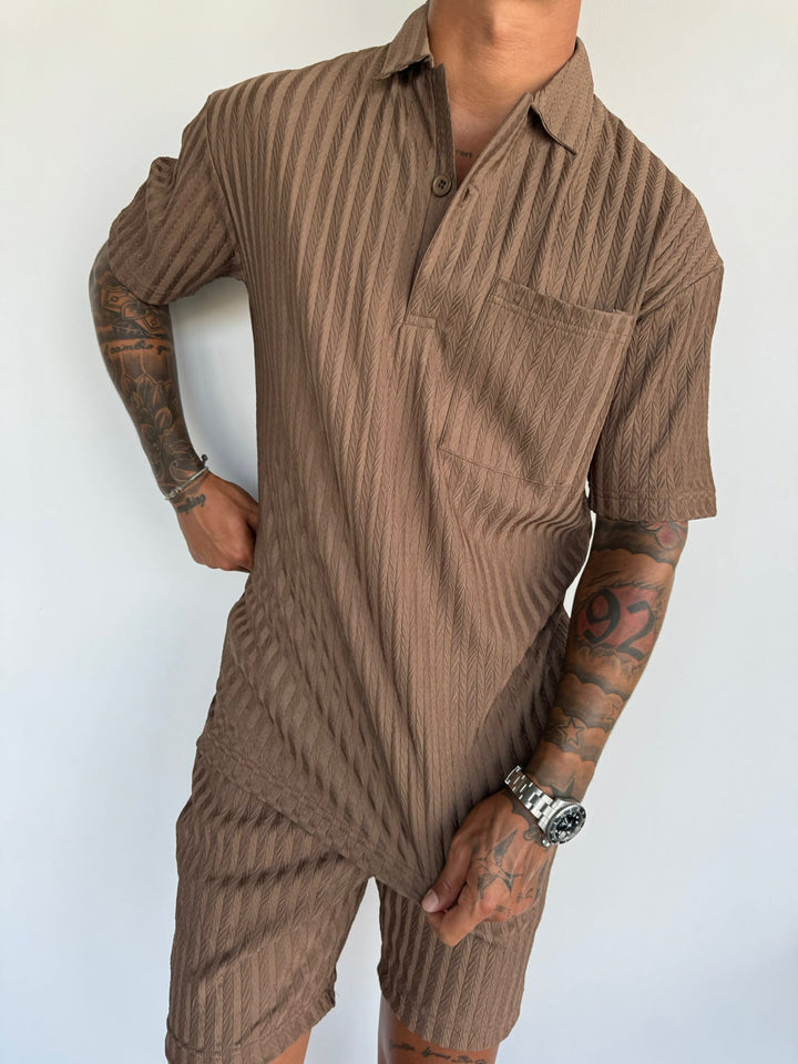 Oversize Strukturalna Koszulka Polo - Cappuccino