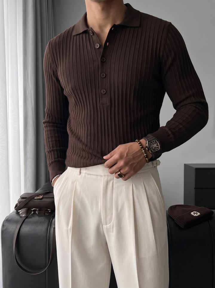 Sweter Polo Slim Fit - Ciemny Brąz