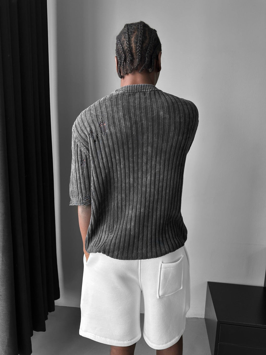 Oversize Torn Washed Knit T-shirt - Czarny