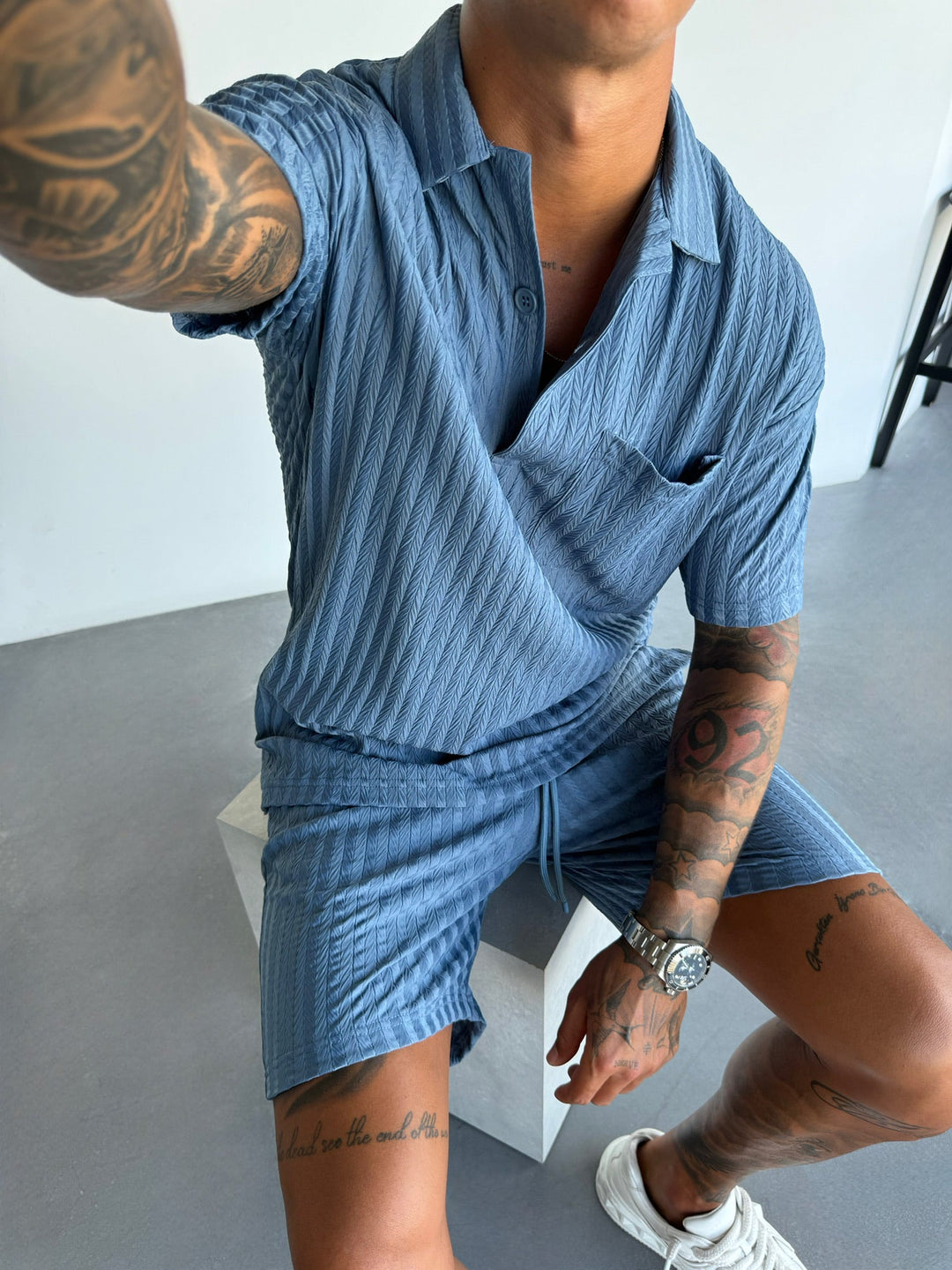 Oversize Structured Polo T-Shirt - Koronowy Niebieski
