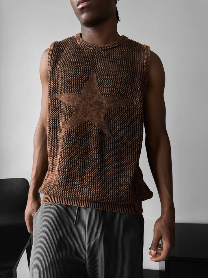 Oversize Prany Sweter z Gwiazdą - Brązowy
