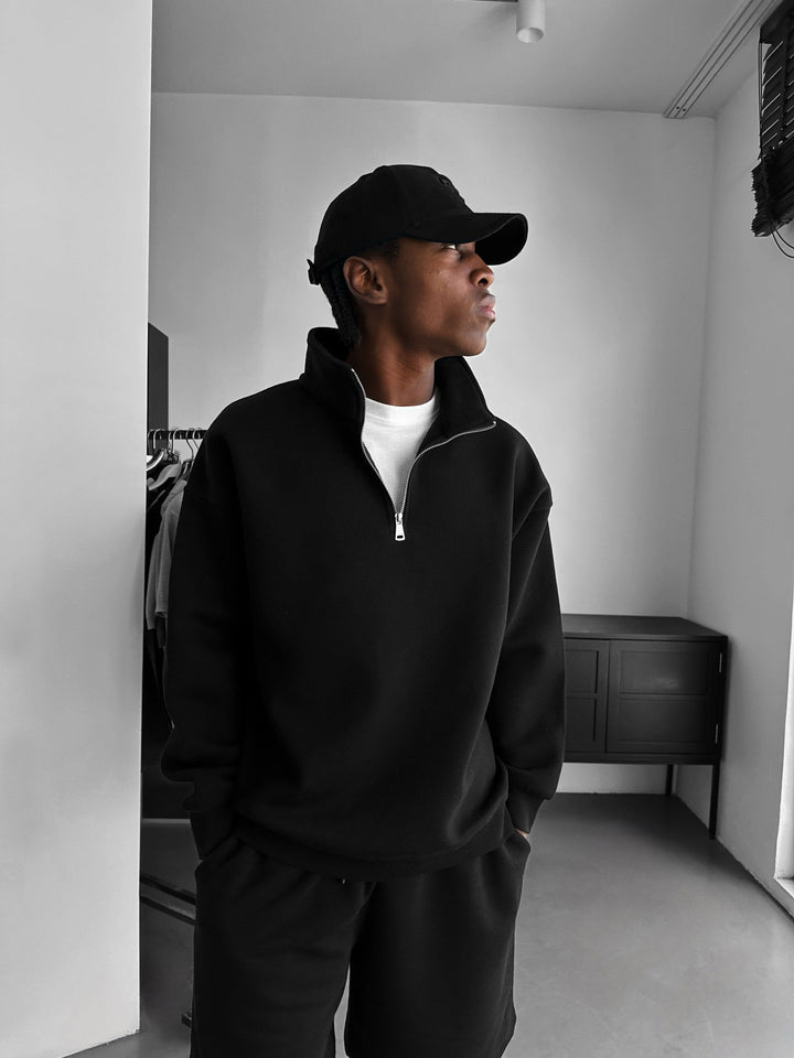 Oversize Half-Zip Polo Sweatshirt - Czarny