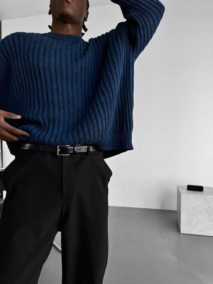 Oversize Ribbed Washed Sweater - Niebieski