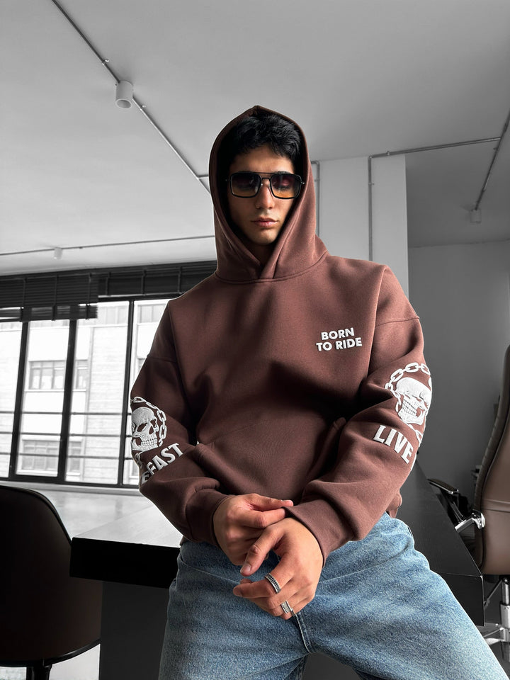 Oversize Hoodie "Ride to Survive" - Brązowy