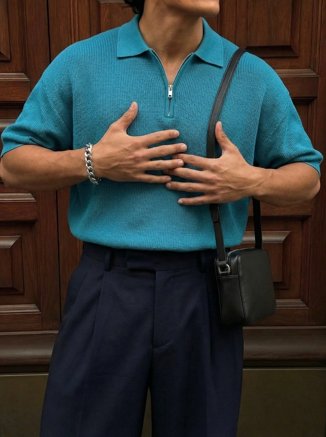 Oversize Zipper Knit Polo T-shirt - Niebieski