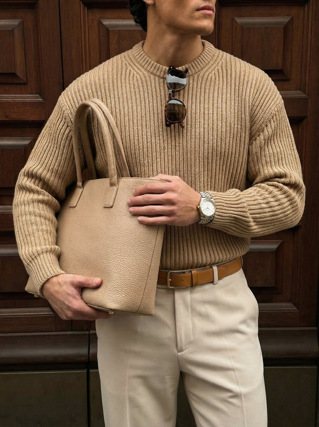 Luźny sweter w paski - Camel