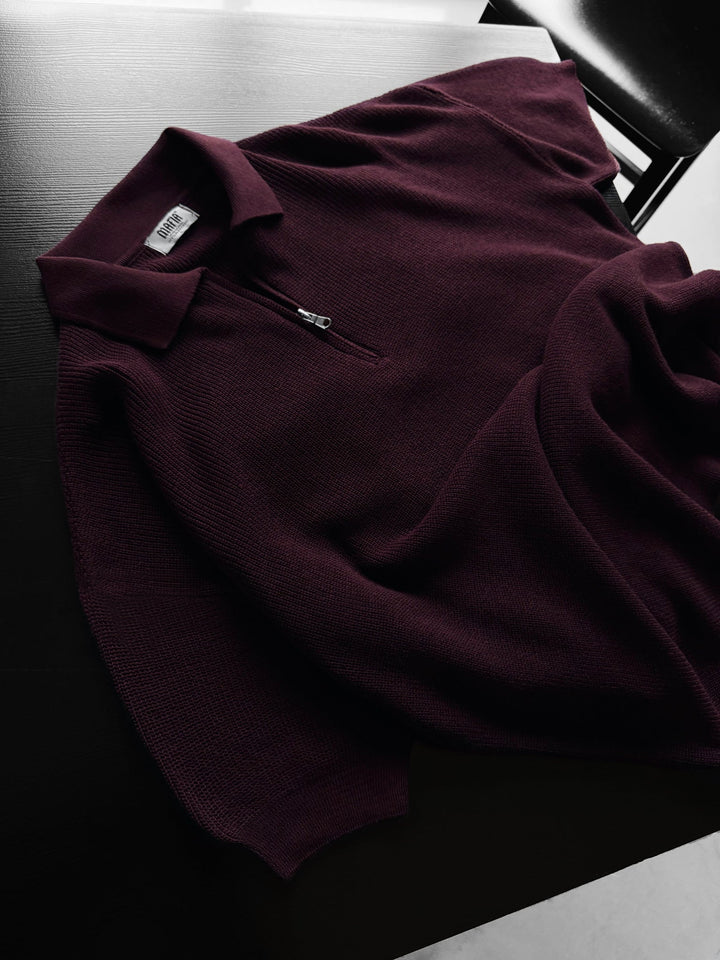 Oversize Zipper Knit Polo T-shirt - Śliwka