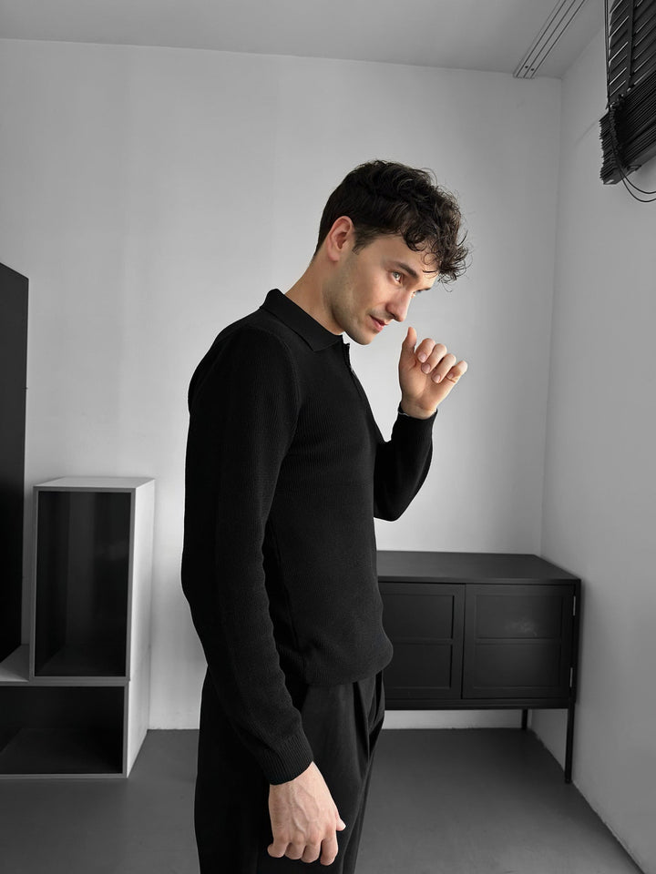 Luźny Sweter Polo - Czarny