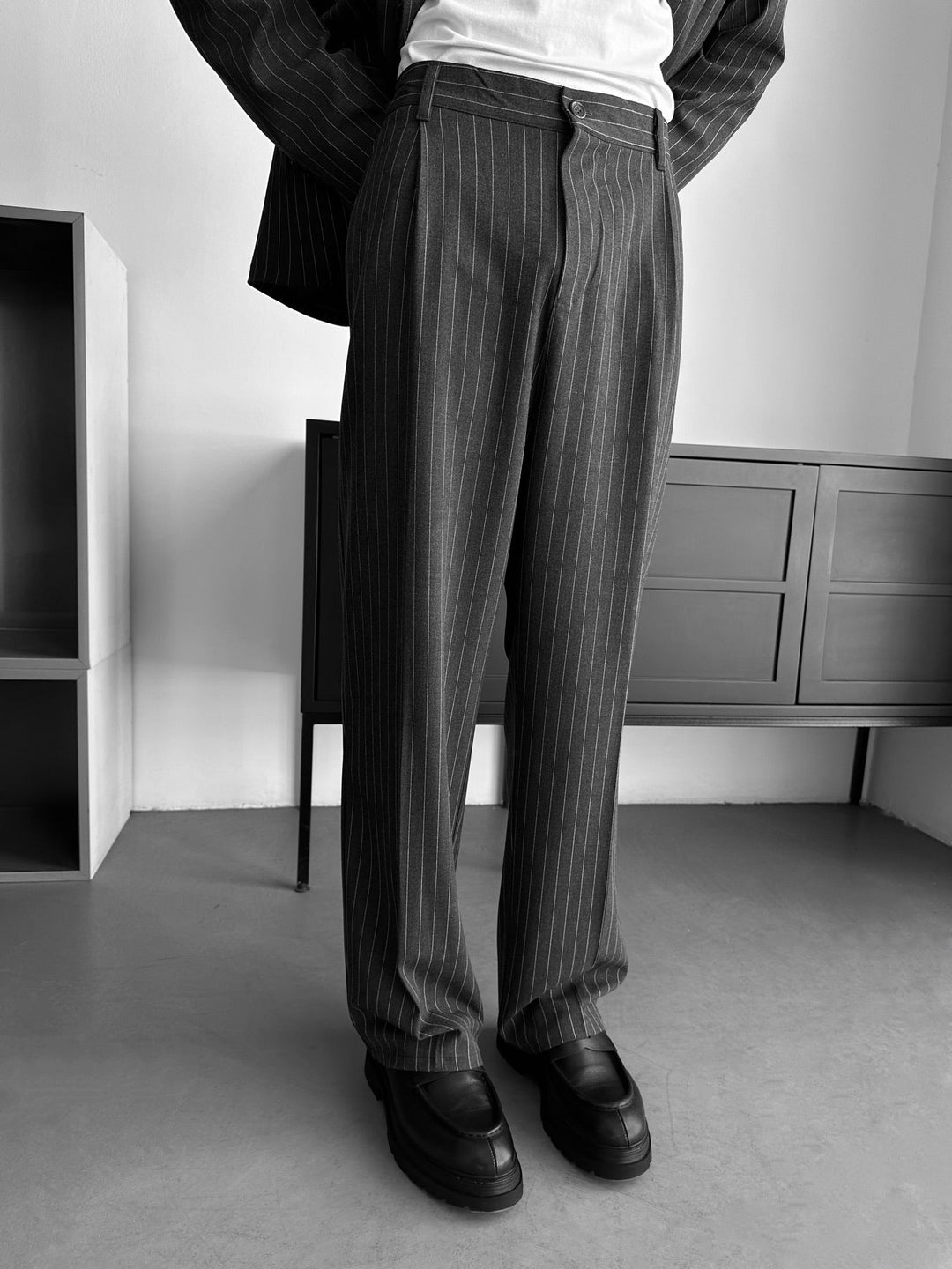 Oversize Pinstripe Podwójnie Zapięty Garnitur - Czarny