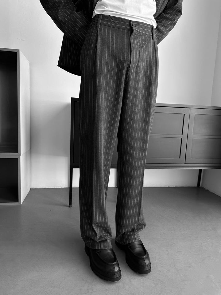 Oversize Pinstripe Podwójnie Zapięty Garnitur - Czarny