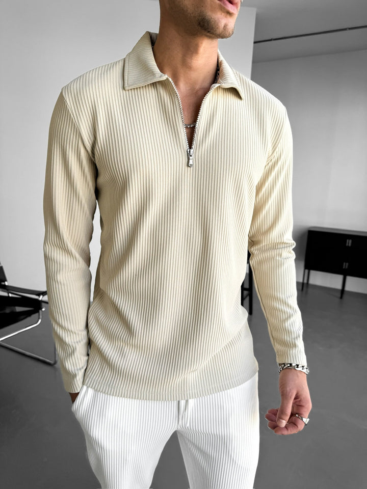 Luźna bluza polo z zamkiem - Beżowa